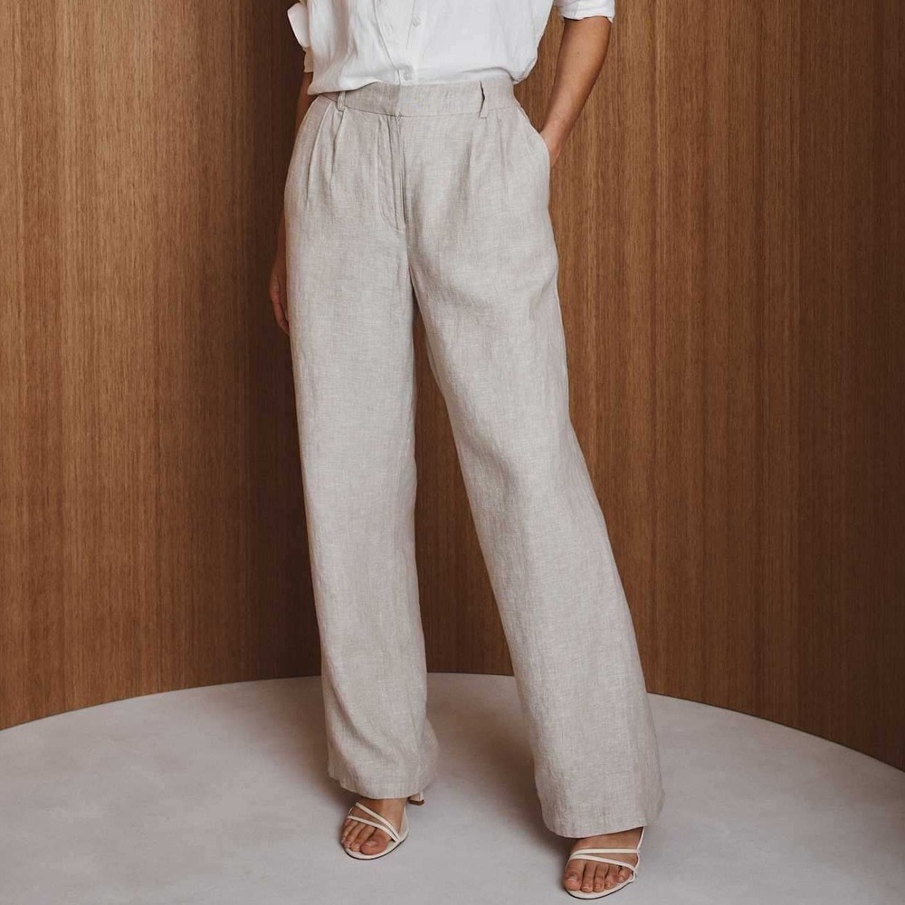 Quince Wide-Leg Linen Trousers in Light Beige